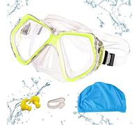 Gafas de natación para adultos, máscara de buceo con lentes anchas, ajustable de 180 grados, sin fugas, antiempañamiento, con gorro de baño, pinzas para la nariz, tapones para los oídos