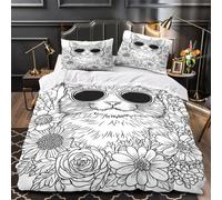 Gafas de sol con diseño de gato genial Impresión 3D 3 piezas funda de colchón Estilo de garabato floral cubrecama microfibra hipoalergénica antiácaros para niños chicas hombres Double（200x200cm）