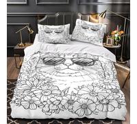 Gafas de sol con diseño de gato genial Impresión 3D 3 piezas funda de edredón Estilo de garabato floral cubrecama microfibra transpirable antiácaros para niños adolescentes adultos Single（140x200cm）