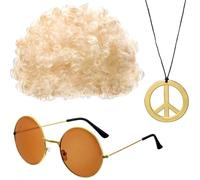 Gafas de sol con peluca afro - Gafas de Sol y Collar Hippie Hombre,Kit de disfraz de Hip Hop retro de 3 piezas, gafas de sol de discoteca doradas, accesorios de disfraz de discoteca para hombres de lo