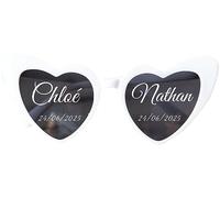 Gafas de sol de corazón personalizadas - Pegatinas con su nombre de texto, fecha, etc. Perfectas para bodas, despedidas de soltera, fiestas, regalos, fotomatón, gadgets (Marco blanco)