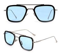 Gafas de sol retro vintage Tony Stark, marco de metal cuadrado para hombres y mujeres, marco clásico de aleación, Marco negro, lente azul océano, brazo plateado, Talla única