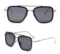 Gafas de sol retro vintage Tony Stark, marco de metal cuadrado para hombres y mujeres, marco clásico de aleación, Marco plateado y lente gris, Talla única
