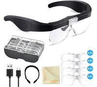 Gafas Lupa con 2 Luz LED, USB Recargable Lentes,4 Lentes Desmontables 1.5X 2.5X 3.5X 5X Lupa Intercambiable Gafas Lupa Ajustable para Leer, Reparaciones, Coser, Joyería