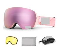 Gafas Motocross Ski Goggles Men Women Anti-fog Ski Eyewear Snow Glasses Adult Snowboard Goggle with Night Yellow Lens and Case Set(Champagne pink set)