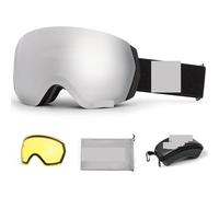 Gafas Motocross Ski Goggles Men Women Anti-fog Ski Eyewear Snow Glasses Adult Snowboard Goggle with Night Yellow Lens and Case Set(Bk silver set)