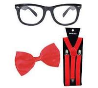 Gafas negras de Halloween con lentes transparentes, pajarita roja, tirantes rojos y tubo de sangre falso (16 ml) con cicatrices temporales de tatuaje, juego de accesorios para disfraz de adulto para