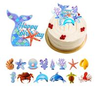 GAFATORY Juego de 15 decoraciones para tartas de sirenita, decoración de pastel de cumpleaños, temática de sirena oceánica, suministros para cupcakes, recuerdos de fiesta de cumpleaños para niñas,