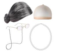 gafdu Conjunto de disfraz de abuela - Peluca de abuelita de pelo gris con collar de perlas, gafas, accesorios de cadena de,Conjunto de disfraces de cosplay para mujeres y niñas