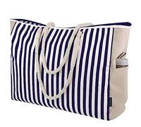 GAGAKU Bolsa de Playa XXL para Mujer - Extragrande, Familiar, a Prueba de Arena Con Cremallera - Lona para Viajes y Baño - Azul Marino a Rayas
