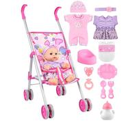 GAGAKU Cochecito de muñecas con 30 cm muñeca y Accesorios, Cochecito de Juguete Plegable para niñas a Partir de 3, 4, 5 y 6 años, patrón de Corazones