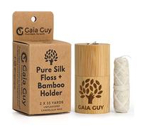 Gaia Guy Hilo dental de seda natural sin sabor con recambio y soporte de bambú reutilizable. 2 x 33 yardas de seda pura compostable con cera de candelilla. Embalaje sin plástico.