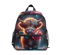 GAIREG Linda mochila de viaje con diseño floral de vaca de las Tierras Altas con etiqueta de nombre, mini mochila de viaje, Lindo estampado floral de vaca de las tierras, 3-5 Years, Lindas mochilas