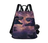 GAIREG Mochila para mujer con alas de calavera y pompón negro, Escena de lucha de dinosaurios bajo cielo estrellado