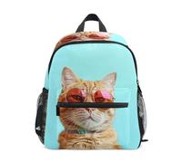 GAIREG Mochila para niños y niñas, diseño de gato naranja, mochila de viaje azul divertida con etiqueta de nombre, mini mochilas escolares para niños, Orange Cat Funny Blue, 3-5 Years, Lindas mochilas