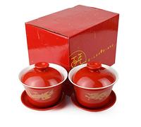 Gaiwan - 2 tazas de porcelana de 8 onzas, diseño de dragón chino y fénix, color rojo