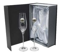 Gala&K | Set de 2 copas de cristal para champán | Para novios | Bodas de plata/oro | Aniversarios | Aplique bilaminado | Colección CELEBRATION-50 ANIVERSARIO.