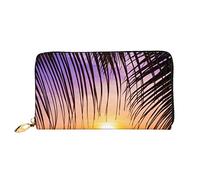 Galaxy In The Universe - Cartera unisex con cremallera de cuero de microfibra larga a la moda minimalista de gran capacidad, Océano atardecer con palmeras tropicales paisaje crepúsculo, Talla única