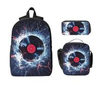 Galaxy Music Record - Juego de mochila para niñas y niños con bolsa de almuerzo, estuche para lápices, CD de agua, 3 piezas, bolsas escolares, lonchera aislada, regalos para mujeres y hombres