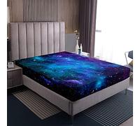 Galaxy Serie Sábana bajera ajustable azul púrpura cielo estrellado decoración estampada juegos de ropa de cama para mujeres, adolescentes, niños, juego de ropa de cama decoración, 140x200 cm