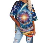 Galaxy Shirt Damen 3D Galaxie Print T-Shirts Glitzer Shirts Bluse modische Sternenhimmel Sommer Shirts Rundhals Kurzarm Tops für Karnevalskostüme Rundhals Kurzarm Tops, A7-azul cielo, S
