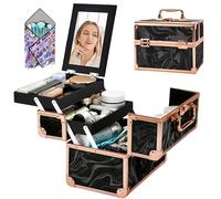 GALHUBIS Estuche de maquillaje portátil con espejo, organizador de cosméticos de 2 bandejas, organizador de esmalte de uñas, caja de maquillaje de viaje, profesional para peluquería, oro rosa y negro