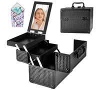 GALHUBIS Estuche de maquillaje portátil con espejo, organizador de cosméticos de 2 bandejas, organizador de esmalte de uñas, caja de maquillaje de viaje, profesional para peluquería, color negro