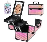 GALHUBIS Organizador de maquillaje, estuche de tren de maquillaje, bandejas de cosméticos portátil, profesional para peluquería, color negro y rosa brillante, Negro y rosa brillante, 9.8*6.7*6.8in,