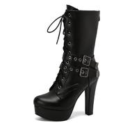 Galindopia Black Plataforma Botas Mid Calf para mujer Alto Tacón Ancho Remaches Studs Gótico Punk Cordones Knight Biker Half Botines de Mujer Size 37