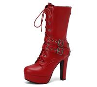 Galindopia Red Plataforma Botas Mid Calf para mujer Alto Tacón Ancho Remaches Studs Gótico Punk Cordones Knight Biker Half Botines de Mujer Size 40