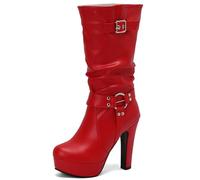Galindopia Red Plataforma Botas Slouch Mid Calf para mujer Tacones De Bloque Wide Calf Hebilla Gótico Punk Knight Biker Half Botines de Mujer Size 36