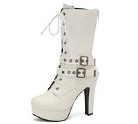 Galindopia White Plataforma Botas Mid Calf para mujer Alto Tacón Ancho Remaches Studs Gótico Punk Cordones Knight Biker Half Botines de Mujer Size 36