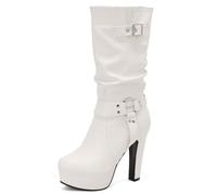 Galindopia White Plataforma Botas Slouch Mid Calf para mujer Tacones De Bloque Wide Calf Hebilla Gótico Punk Knight Biker Half Botines de Mujer Size 37