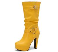 Galindopia Yellow Plataforma Botas Slouch Mid Calf para mujer Tacones De Bloque Wide Calf Hebilla Gótico Punk Knight Biker Half Botines de Mujer Size 37