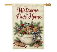 Galletas de jengibre con cita de bienvenida, bandera de casa de Navidad, 71 | Cinta a cuadros de búfalo, bandera de césped, ramas de pino, bayas de acebo, tema de horneado de invierno