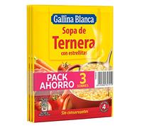 GALLINA BLANCA Sopa de Ternera con Estrellitas y Verduras. Sin Conservantes - Pack 3 Sobres x 74g (222gr)