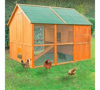Gallinero Noruega para 10-12 Gallinas - Gallinero Grande de Madera para Exterior - Refugio y Voladero Protegido del Aire - Bandeja Extraíble - Incluye Perchas y Ponedero - 190x245x190cm