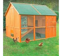 Gallinero Noruega para 10-12 Gallinas - Grandes Dimensiones - Madera Tratada para Exterior - Refugio y Voladero Protegido de Las Corrientes - Bandeja Extraíble, Perchas y Ponedero - 190x245x190cm