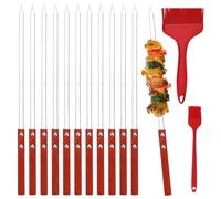 GALOZZOIT 12 brochetas planas de acero inoxidable de 40 cm × 10 mm con mango de madera, incluye cepillo grande y pequeño rojo para barbacoa, brochetas de kebab, accesorios para barbacoa