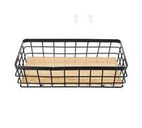 GALPADA Cesta Colgante de Hierro Resistente Negra Tablero de Madera para Organización en Cocina y Oficina, Almacenamiento Montado en Pared, 1 Unidad