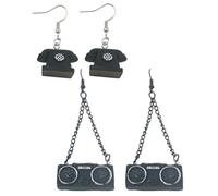 GALPADA Pendientes de Niña Retro Diseño de Radio y Teléfono en Resina Negra, Ligeros y Fáciles de Poner para Cualquier Ocasión, 2 Pares Creativos