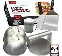 Gamalou® Smash Burger Profesional Kit Inox 304: Prensa Hamburguesas Smasher Antiadherente, Set de 2 Campanas, Espátulas y Bote para Especias, Ideal para Parrilla, Plancha o Sartén - Certificado UE