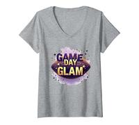 Game Day Glam - Moda Deportiva para Mujer Camiseta Cuello V, Mujer, Gris Jaspeado, S