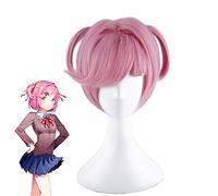 Game DDLC Doki Doki Literature Club Natsuki Cosplay Wig Short Pink Heat Resistant Synthetic Hair Wig + Wig Cap