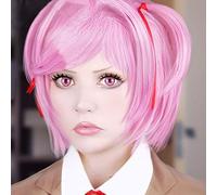 Game DDLC Doki Doki Literature Club Natsuki Pink Short Wig Heat Resistant Synthetic Hair Cosplay Wigs + Free Wig Cap