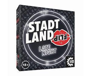 Game Factory 646311 City Land Flip Late Night, el Juego de Palabras súper rápido para Adultos, para 2-6 Jugadores a Partir de 18 años, Juego de Viaje en la práctica Caja de cartón
