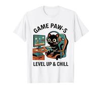 Game Paw-s Level Up & Chill - Auriculares de Diadema con diseño de Gato Retro Camiseta