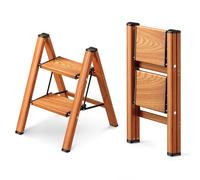 Gamegem Escalera de 2 Peldaños, Taburete con Pedal Antideslizante Ancho | Material de Aluminio, Ligero, Portátil, Carga Máxima 150kg, Escalera Plegable para Adultos, Madera