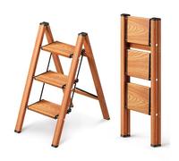 Gamegem Escalera de 3 Peldaños, Taburete con Pedal Antideslizante Ancho | Material de Aluminio, Ligero, Portátil, Carga Máxima 150kg, Escalera Plegable para Adultos, Madera
