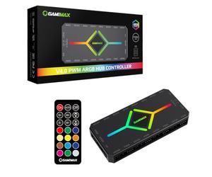 GAMEMAX V4.0 Black Case Fan Hub - Distribuidor de Ventilador PWM de 9 Puertos con Control Remoto RF y alimentación SATA